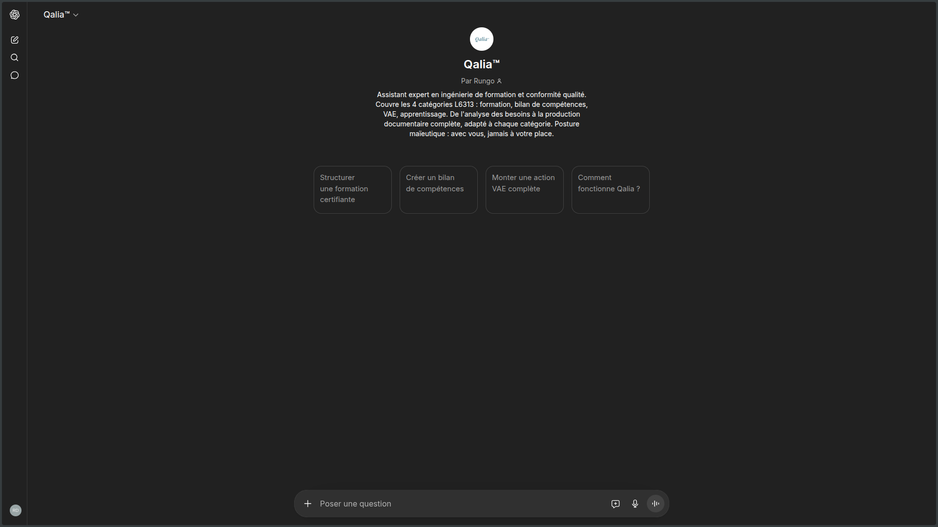 Capture d'&eacute;cran de Qalia dans ChatGPT : 4 actions disponibles &ndash; Cr&eacute;er mon dispositif, Pr&eacute;parer mon audit, Concevoir un bilan, V&eacute;rifier ma conformit&eacute;